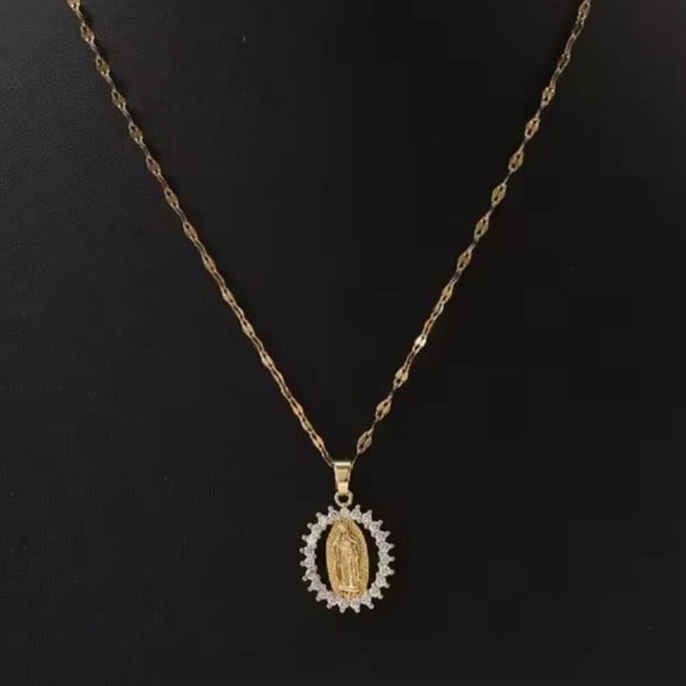 Gold Plated Virgin Mary Necklace CZ Diamonds Lady of Guadalupe Birthday Gift NEW